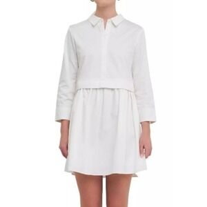 English Factory White Cotton Poplin Long Sleeve Mini Shirt Dress Large NWT